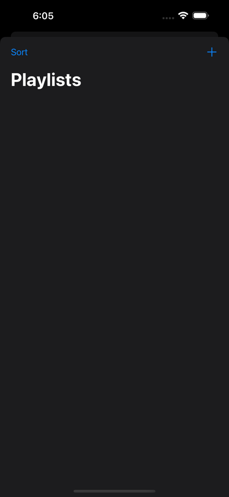 Audio Equaliser - Empty playlists management screen in the Audio Equaliser app with sort and add buttons