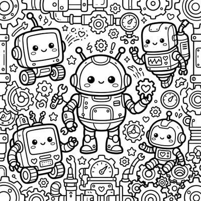 Step into a charming world where rugged meets cute with our Kawaii Industrial Cyborgs coloring page. These lovable robots, surrounded by gears and pipes, are ready for your creative touch.