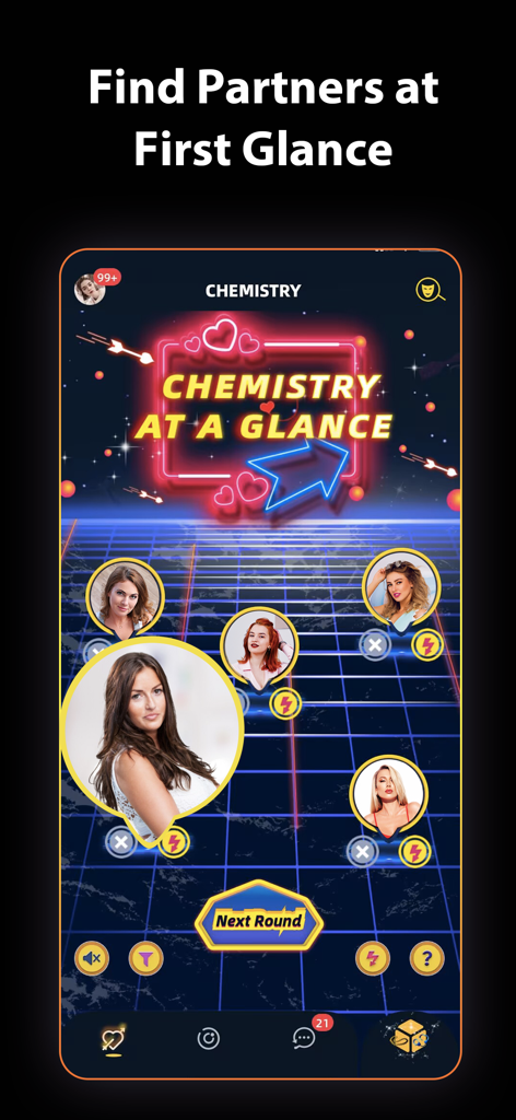 KinkD app interface showing the Chemistry at a Glance matching feature with user profiles on a neon grid.