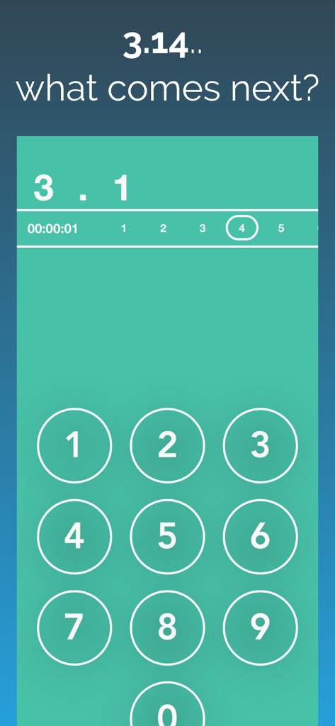 A screenshot of Pi The Game app showing a numeric keypad and the prompt asking what digit comes next after 3.14