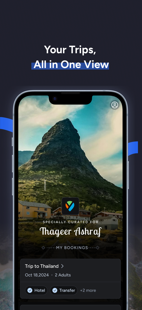 YourHoliday - Smartphone screen showing the YourHoliday app with a personalized trip itinerary and travel bookings.
