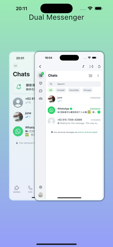 Dual Messenger - Recover&Duo - Screenshot of the Dual Messenger app showing two overlapping chat list interfaces on a mobile device