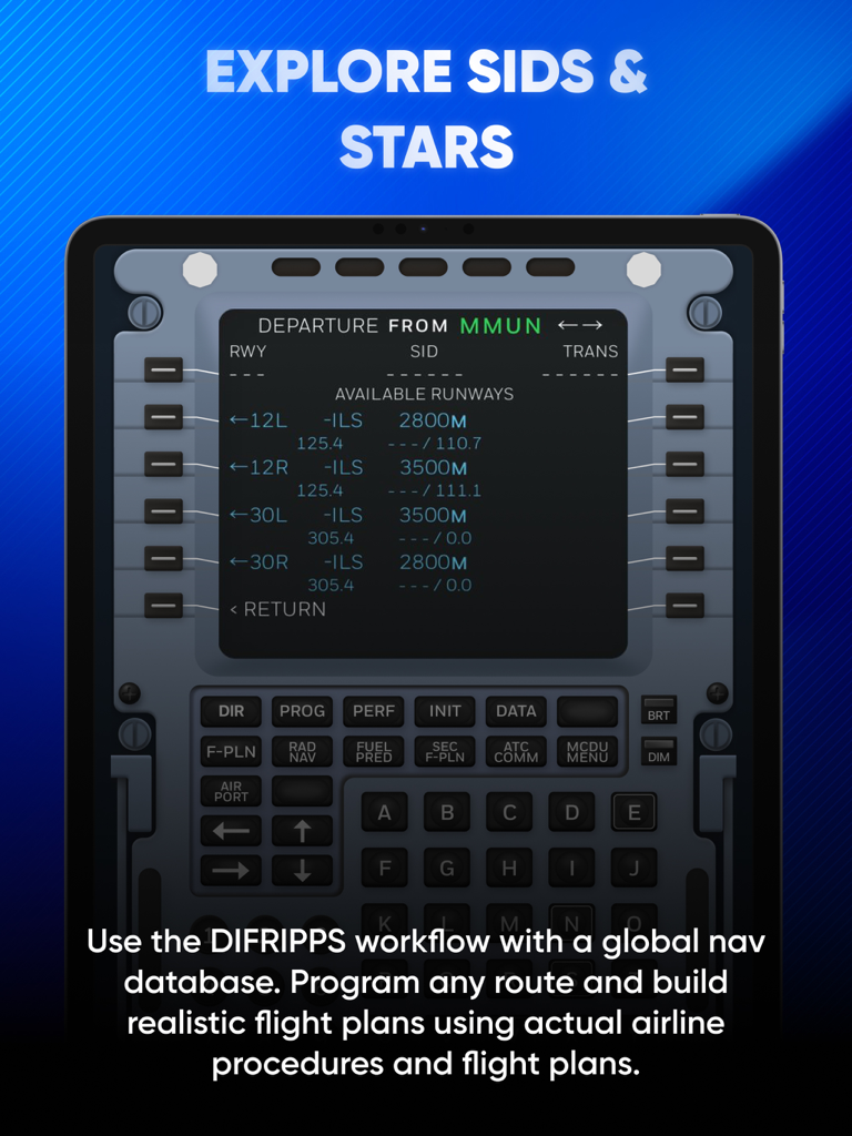 Aplicación de entrenamiento Airbus A320 FMS en iPad que muestra la página de salida con pistas disponibles para MMUN