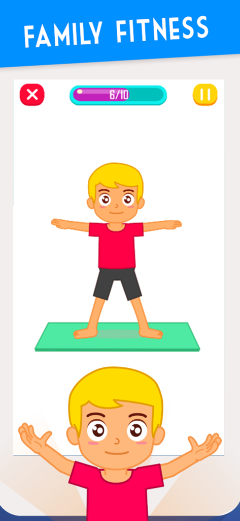 Exercise for Kids at home - A cartoon child performing a standing exercise on a yoga mat in the family fitness app