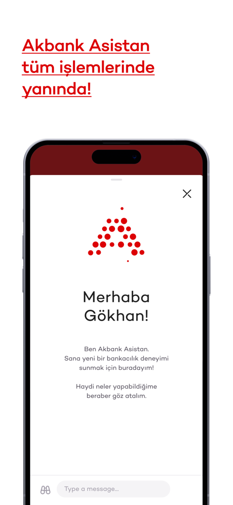 디지털 뱅킹 지원을 위한 Akbank 어시스턴트 챗봇 인터페이스를 표시하는 휴대폰