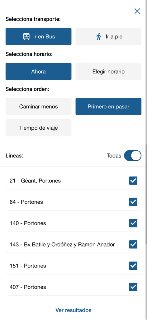 Cómo ir - Search filter interface for public bus and walking routes in the Como ir app