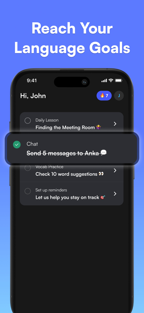 Heylama - AI Language Learning - Pantalla de smartphone que muestra el panel de la aplicación Heylama con una lista de tareas diarias para alcanzar metas de aprendizaje de idiomas