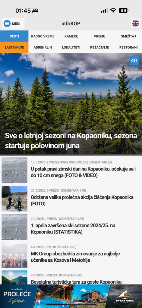 infoKOP - Oberfläche des infoKOP-Apps mit Artikeln über das Kopaonik-Resort
