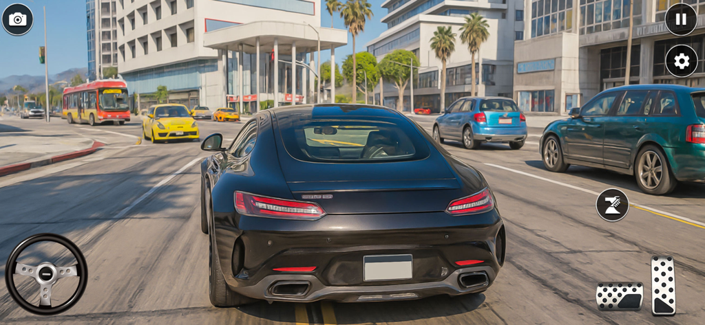 Highway Car Racing Games 2025 - A black sports car driving through city traffic in a realistic mobile racing game with on screen controls