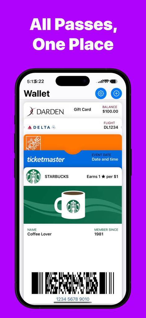 Wallet Creator: Digital Passes - Pantalla de iPhone mostrando varias tarjetas digitales y pases de fidelidad almacenados en la aplicación Wallet Creator