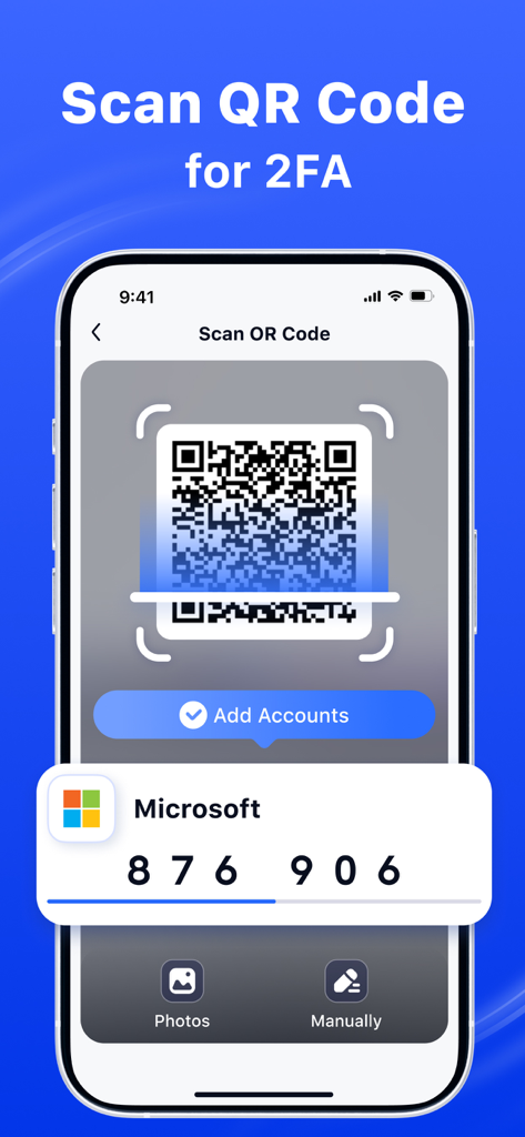 Interfaz de la aplicación Authenticator mostrando un escáner de código QR para configurar la autenticación de dos factores para una cuenta de Microsoft.