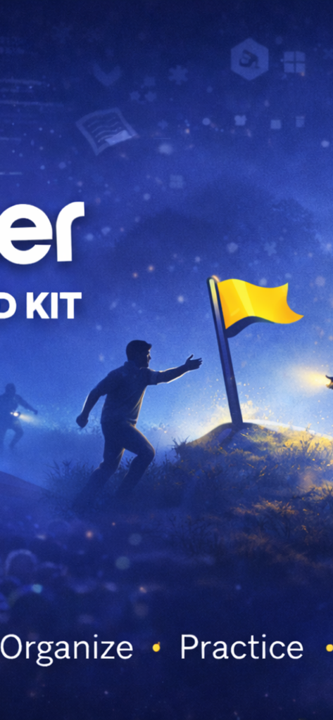 Winner CTF - Pantalla de introducción de Winner CTF Field Kit mostrando a una persona alcanzando una bandera amarilla