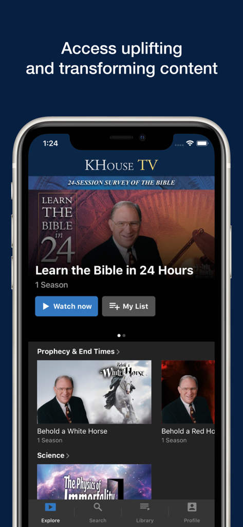 KHouse TV - Interface de l'application mobile KHouse TV montrant le contenu d'étude biblique vidéo et les catégories de prophétie.