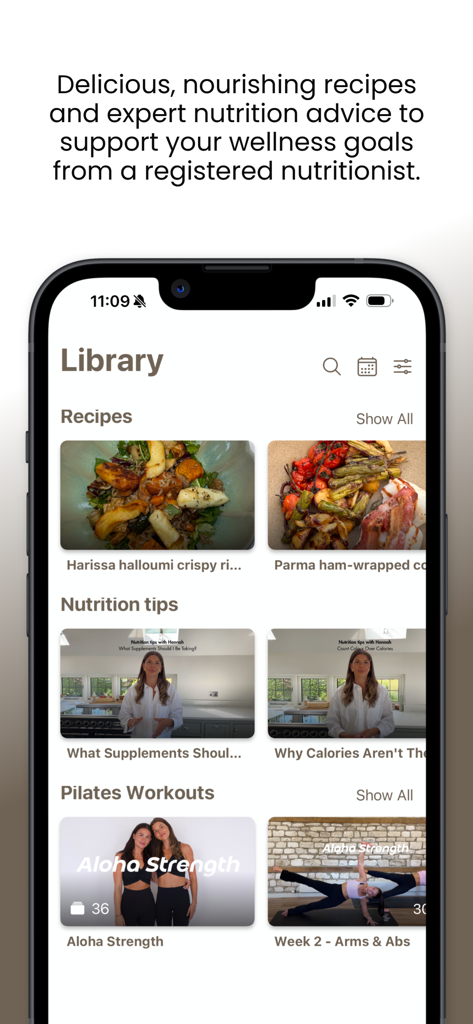 The Aloha Girls - The Aloha Girls app library showing nutrition tips recipes and pilates workouts
