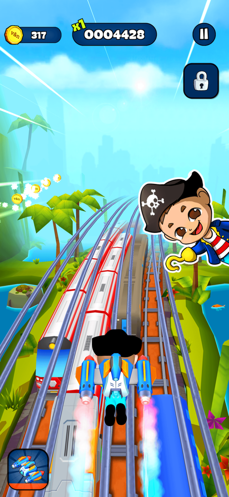 Un personaje disfrazado de pirata volando con una colorida mochila propulsora sobre vías de tren en el juego móvil Vlad y Niki Run.