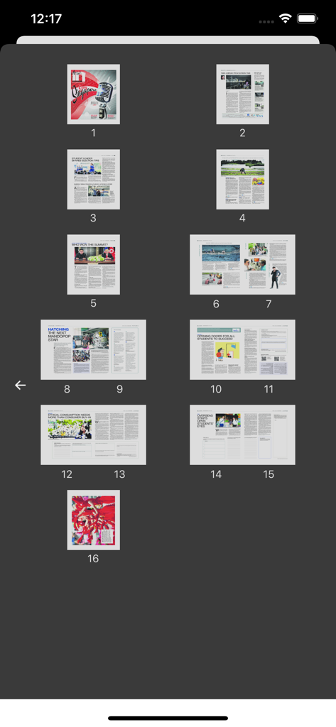 The Straits Times IN - A grid display of page thumbnails from a digital news issue in The Straits Times IN app.