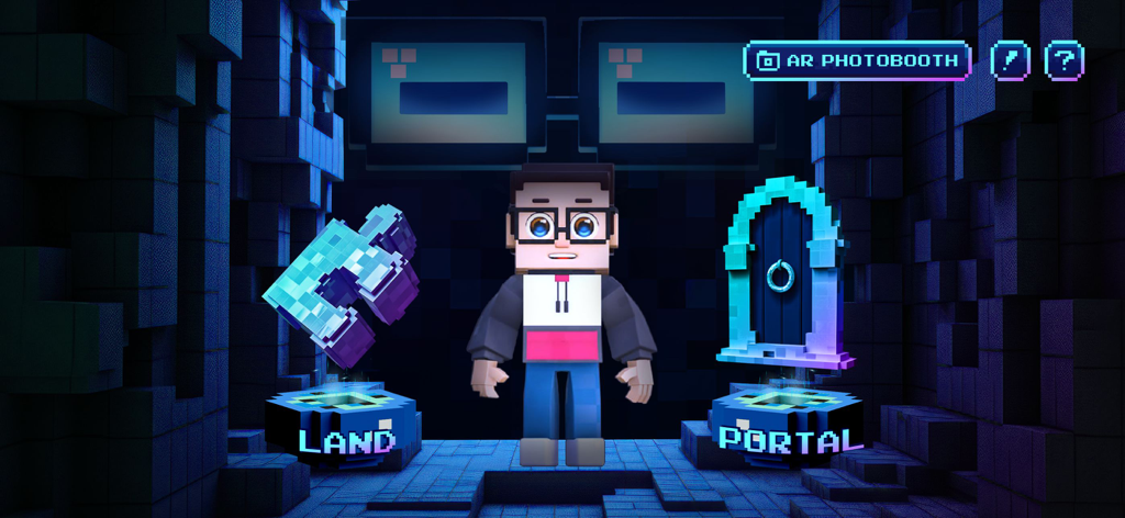 Main menu of Gremix AR game featuring a voxel character standing between Land and Portal selection options
