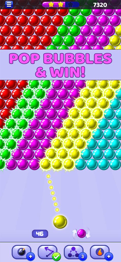 Bubble Shooter: Pop & Blast - Gameplay-Screenshot von Bubble Shooter Pop and Blast, der bunte Blasen und eine Ziellinie mit dem Text 'Pop Bubbles and Win' zeigt.