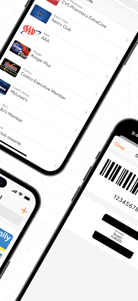 Digital Wallet App-Oberfläche, die Kundenkarten für große US-Einzelhändler wie CVS und Kroger mit einem scanbaren Barcode anzeigt.