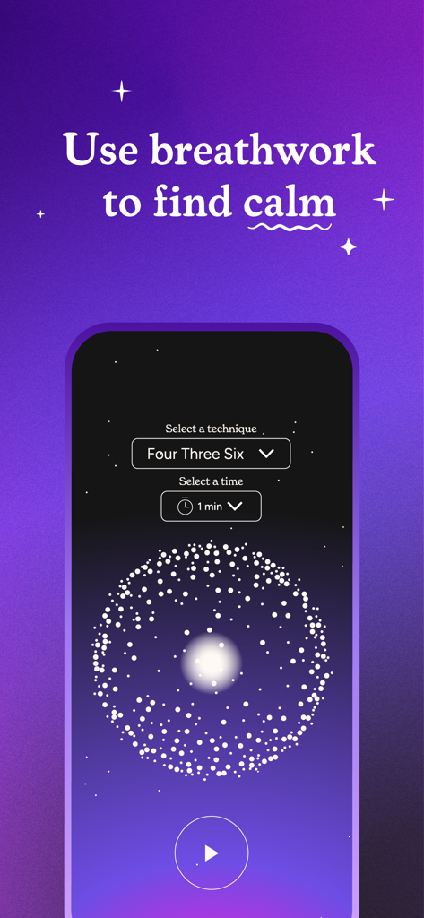 Soluna: Mental Health Care - A mobile screen from the Soluna app featuring a guided breathwork exercise with a visual orb to help users find calm