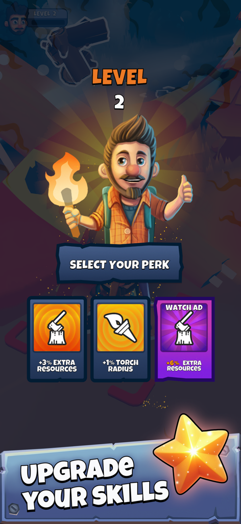 Level up screen in Dark Forest Survivor showing perk selection and skill upgrades