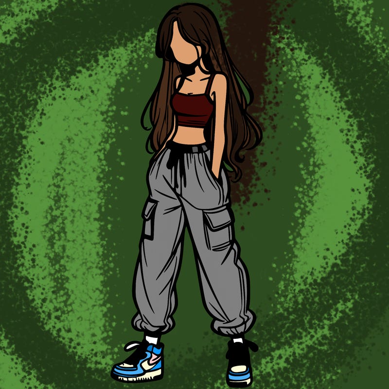 girl in baggy pants crop top and long hair