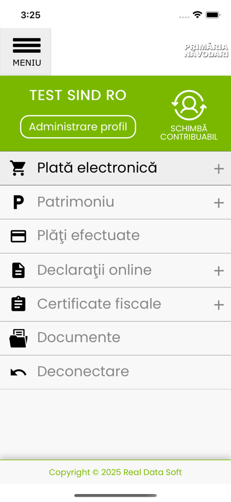 eTax Năvodari - Main dashboard of the eTax Navodari mobile app showing options for electronic payments fiscal documents and property assets