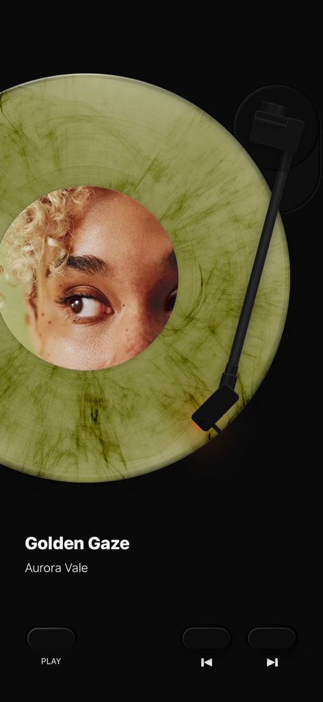 MD Vinyl for Music App - MD Vinyl app music player showing a spinning green record on a digital turntable.
