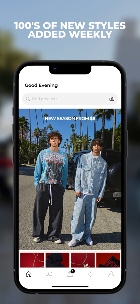 Pantalla de inicio de la aplicación BoohooMAN con dos hombres en ropa urbana de moda con estilos de nueva temporada desde ocho dólares