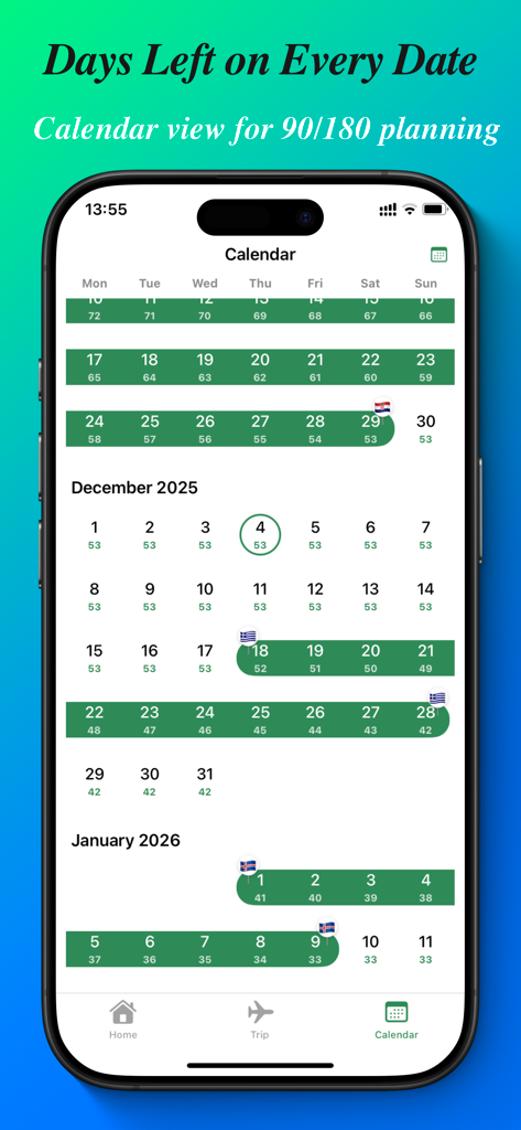 Una vista de calendario en la aplicación Schengen Calculator que muestra las fechas de viaje y los días de estancia restantes.