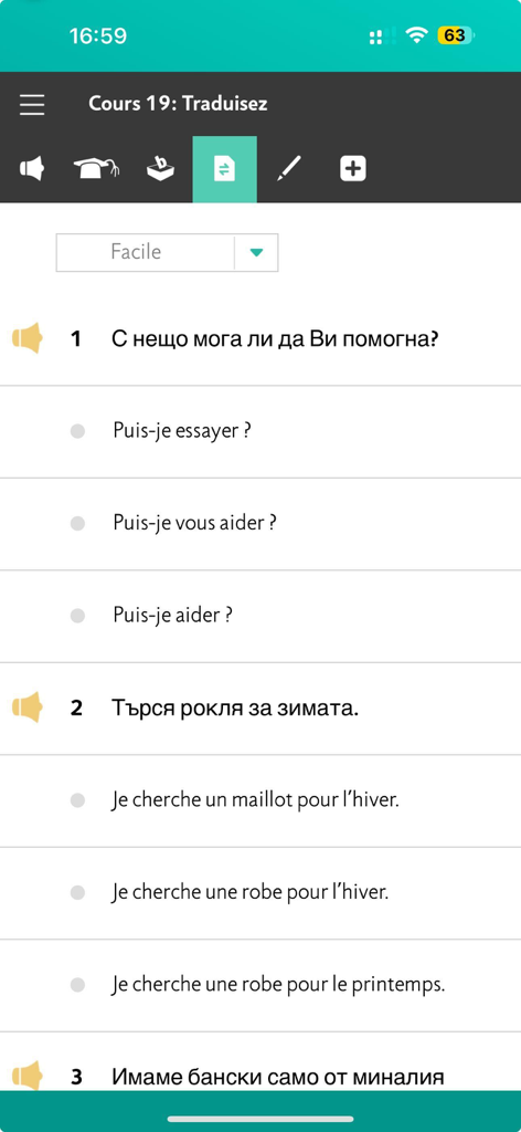 Interfaccia dell'app Assimil con un esercizio di traduzione a scelta multipla dal bulgaro al francese.