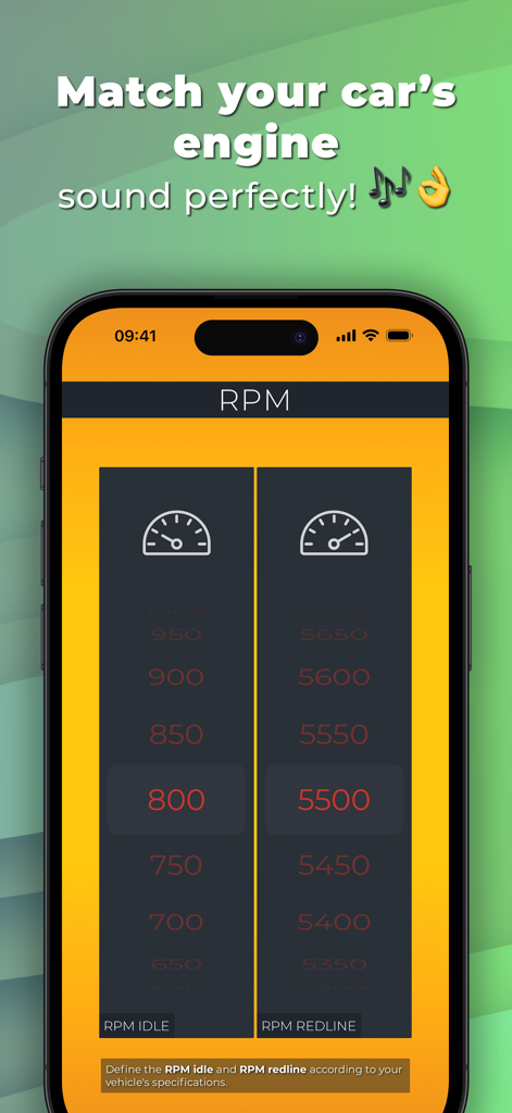 Potenza Drive: Engine Sounds - Interface of the Potenza Drive app showing the RPM idle and redline configuration for engine sound synchronization.