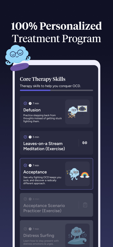 Choiceful: OCD Treatment App - Interface of the Choiceful app showing a personalized OCD treatment program with core therapy skills like defusion and acceptance
