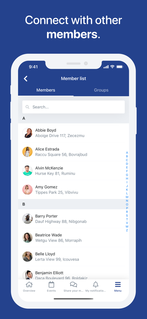 Socie - Member list directory in the Socie app showing names and profile pictures of community members