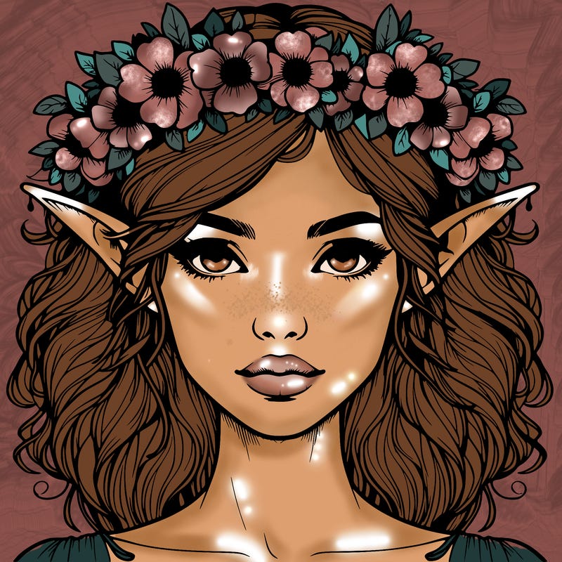realistic female elf with flower crown
