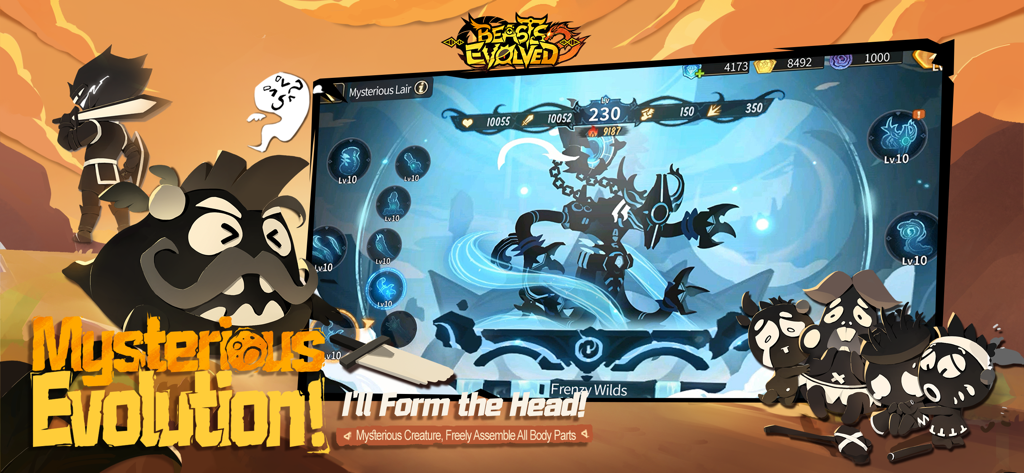 A screenshot of the monster evolution and body part assembly system in Beasts Evolved 2