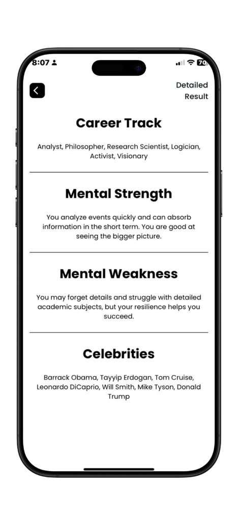 Personality Enneagram: IQ Test - キャリアトラック、精神的な強み、弱み、有名人のマッチングを示す詳細な性格結果画面。