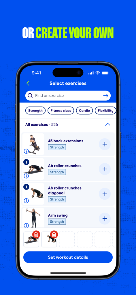 A mobile interface from The Gym Group app showing a list of exercises to create a custom workout.