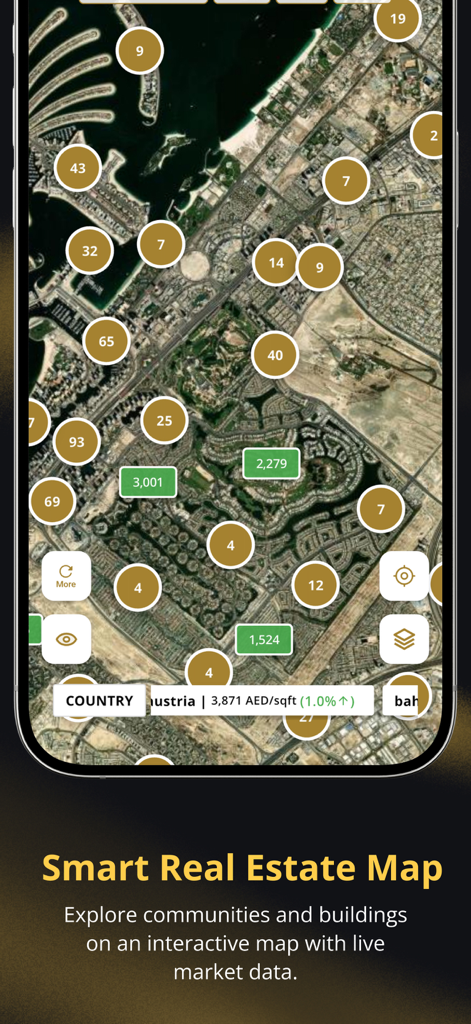 Mapa inmobiliario inteligente que muestra datos del mercado en vivo y agrupaciones de propiedades en una vista satelital