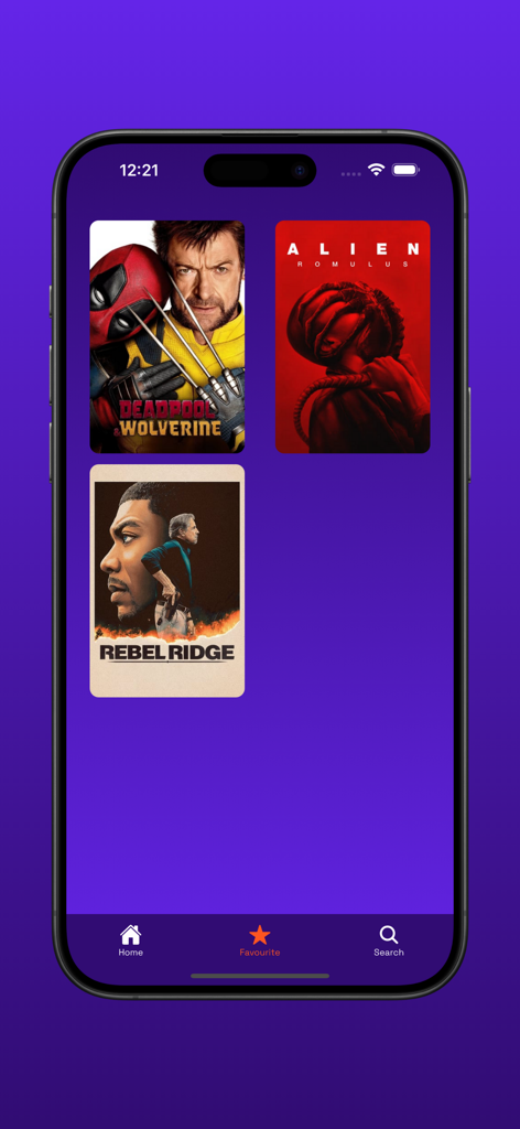 L'écran des favoris de l'application GO-Movies affichant une collection d'affiches de films enregistrées sur une interface violette