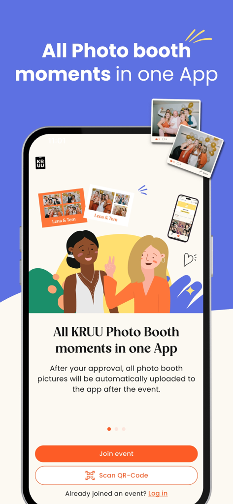 KRUU app onboarding screen showing centralized photo booth gallery and event join options