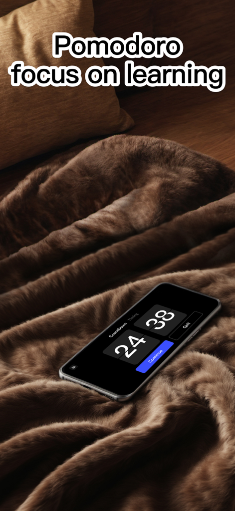 Digital Flip Clock Widgets - Smartphone showing a digital flip clock with a Pomodoro timer on a cozy brown blanket