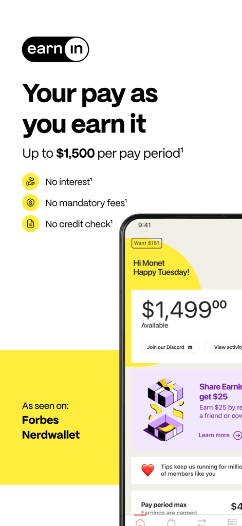 EarnIn app interface displaying a one thousand four hundred ninety-nine dollar balance and cash advance features with no interest or credit checks.