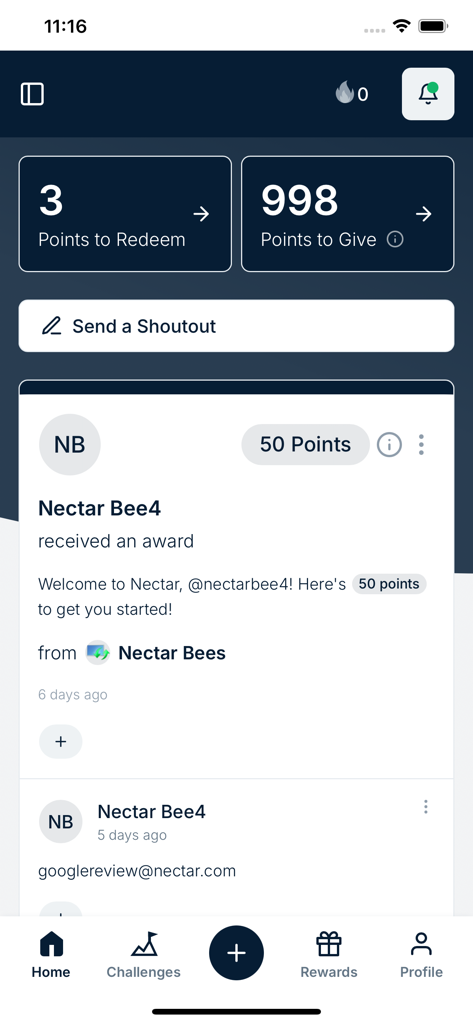 Nectar - Employee Recognition - Nectar app home screen showing employee reward points and a social feed of recognition shoutouts
