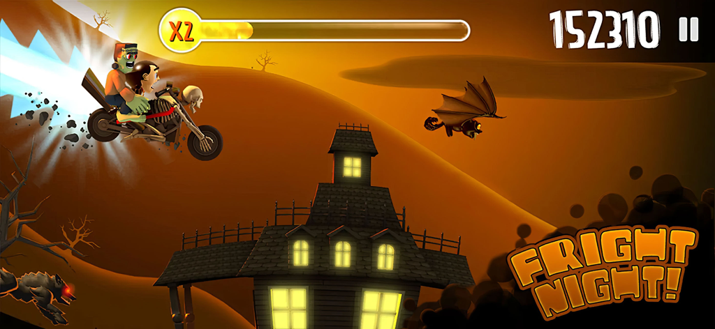 Ski Safari - FreePlay - スキーサファリ FreePlayのハロウィン「恐怖の夜」レベルで、スケルトンバイクに乗るフランケンシュタイン。