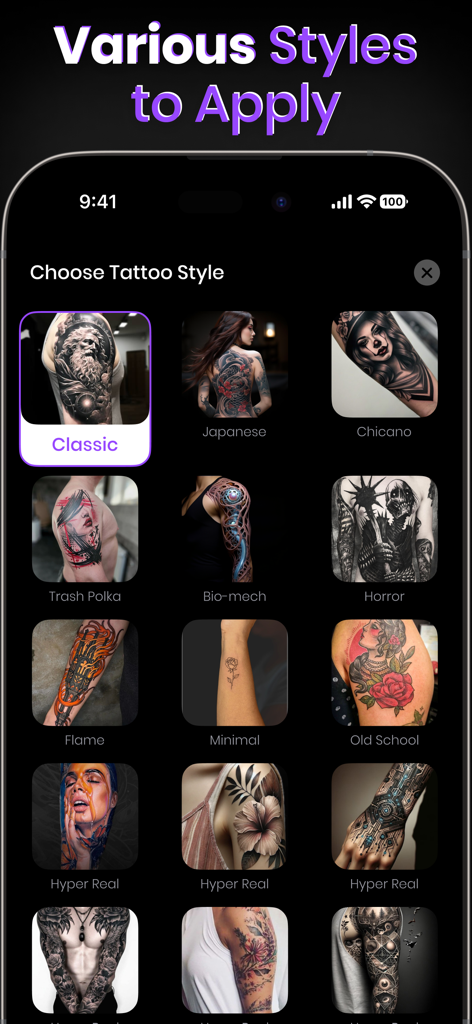 Ink Ai Tattoo Design Generator - A screen in the Ink Ai app showing various tattoo style choices like Classic Japanese and Minimal