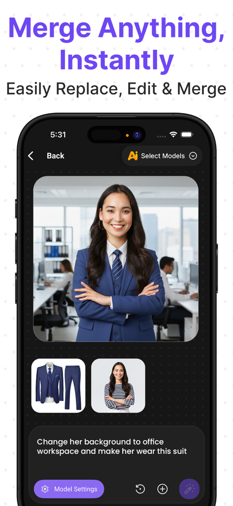 AI Photo Editor & Image Art - Screenshot of the Banofi app interface showing a woman's portrait merged with a professional suit and office background using AI.