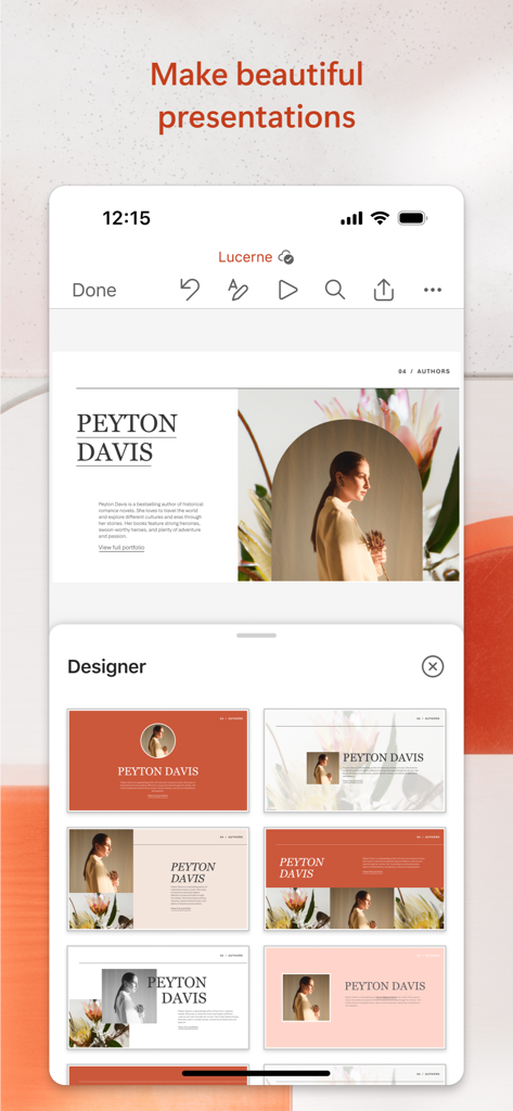 The Microsoft PowerPoint mobile app showing the Designer tool providing automatic slide layout suggestions for a professional presentation.