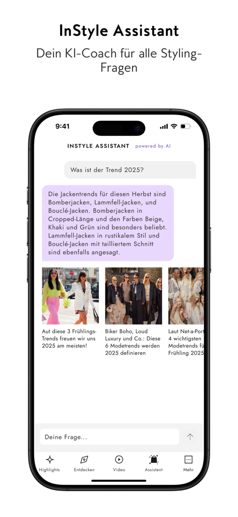 Interfaz del asistente de IA de la aplicación móvil InStyle para asesoramiento de estilo personalizado