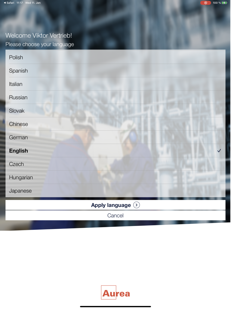 CRMpad Legacy - Language selection screen in the CRMpad Legacy app for iPad showing multiple language options like English and German